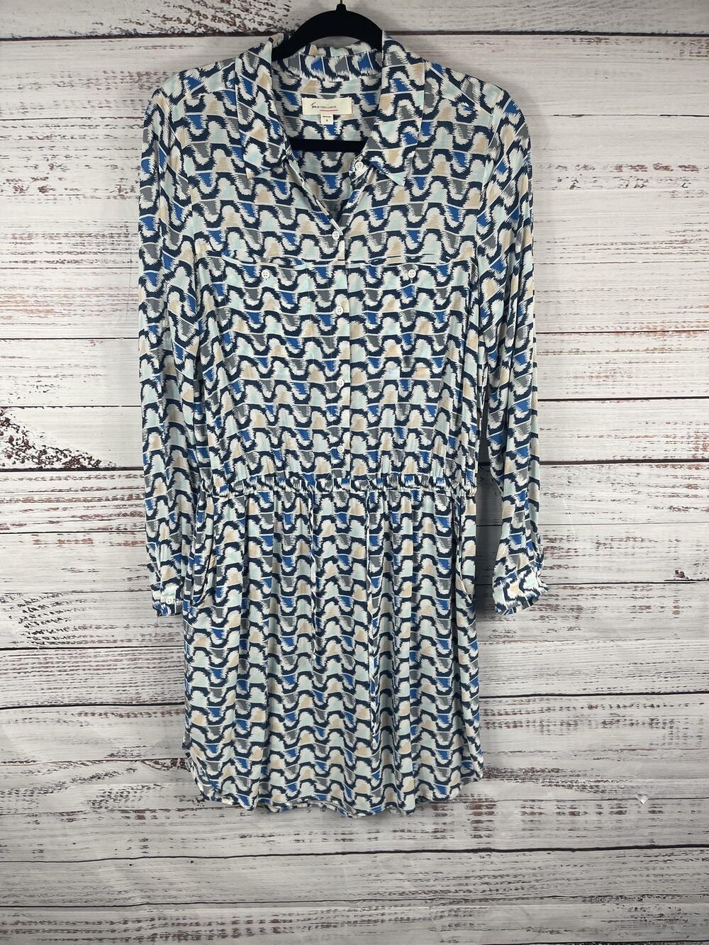 Two By Vince Camuto Dress Women's Size Small Blue Ikat Shirt Dress Elastic Waist